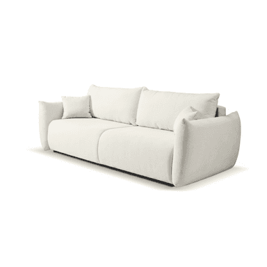 A contemporary two-seater sofa upholstered in light-colored textured fabric, featuring wide, generously rounded arms and plush, loose cushions. — 3D model (AI enhanced source)
