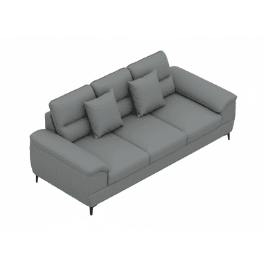A modern three-seater sofa rendered in a neutral grey tone. It features clean lines, broad padded armrests with a slight curve, and three individual seat and back cushions. Two matching square throw pillows are also present. The sofa is supported by four slender, tapered black legs, characteristic of contemporary design. — 3D model (AI enhanced source)
