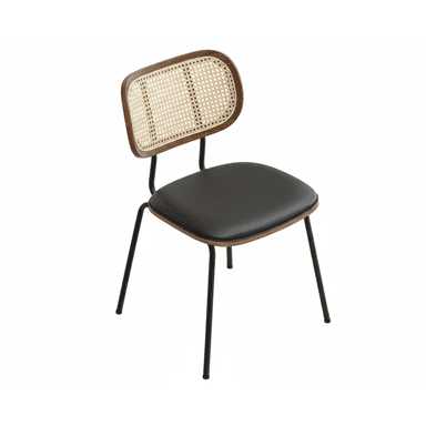 A modern dining chair featuring a bentwood and cane backrest, a black upholstered seat, and a sleek black metal frame. The backrest has a rounded rectangular shape with a dark wood frame encasing a natural woven cane panel. The seat is a padded, square cushion upholstered in a dark, likely faux leather material. The chair is supported by four slender, slightly tapered black metal legs. — 3D model (AI enhanced source)