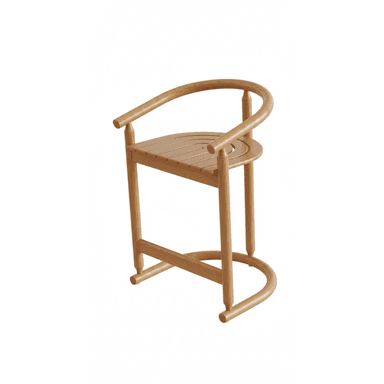 A contemporary bar stool made from light-toned wood, featuring a slatted seat and a continuous semi-circular backrest that doubles as armrests. It has four tapered legs and a curved footrest. — 3D model (AI enhanced source)