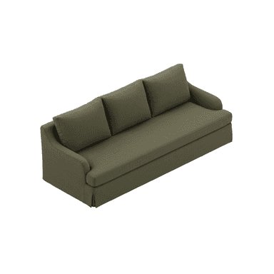 A three-seater sofa upholstered in a textured olive green fabric, featuring a relaxed slipcover design with a skirted base and gently rolled arms. It includes three individual seat cushions and three loose back cushions for comfort. — 3D model (AI enhanced source)