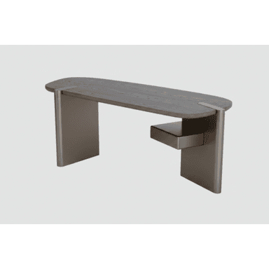 A modern console table featuring an oval, dark grey wooden tabletop with visible grain, supported by two broad, flat, metallic-bronze legs. An integrated, dark-toned drawer is discreetly positioned beneath the right side of the tabletop, blending with the leg structure. The design emphasizes clean lines and a minimalist aesthetic. — 3D model (AI enhanced source)