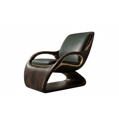 A luxurious and sculptural lounge chair featuring a continuous, curved dark wood frame that forms the base, back, and integrated armrests. The chair is upholstered with plush dark green leather cushions on the seat and back. Polished brass accents elegantly frame the cushions and extend along the inner edges of the armrests, providing a striking contrast to the rich wood and deep green leather. — 3D model (AI enhanced source)