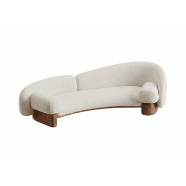 A modern curved sofa featuring cream-colored boucle upholstery and a prominent, sculptural wooden base. The sofa's back and armrests flow seamlessly in a rounded, organic form, providing a soft and inviting aesthetic. The wooden base provides a striking contrast and elevates the piece, giving it a distinctive contemporary look. — 3D model (AI enhanced source)