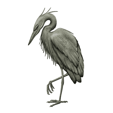 A detailed sculpture depicting a heron in a one-legged, contemplative pose. The object is crafted from a stone-like material, possibly concrete or cast stone, and features a weathered, mossy green finish, giving it an aged appearance. The bird's plumage, slender legs, and elongated beak are rendered with naturalistic detail. — 3D model (AI enhanced source)