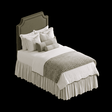A fully dressed bed featuring an upholstered headboard with a shaped top and winged sides. The headboard is covered in a textured olive green fabric. The bed is adorned with white primary bedding, a patterned olive green and white throw blanket, and several decorative pillows in various sizes and patterns, including light blue, beige, and patterned grey bolsters. A ruffled bed skirt in a light beige/cream color completes the ensemble, concealing the bed frame. — 3D model (AI enhanced source)