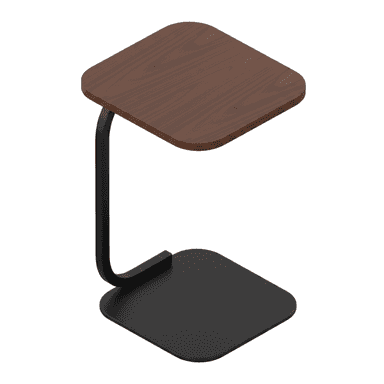 A minimalist C-shaped end table featuring a dark walnut-finished square tabletop with rounded corners. The table is supported by a single, continuous C-shaped frame and base made of matte black metal, also with rounded corners on the base plate. — 3D model (AI enhanced source)