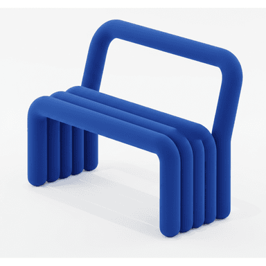 A vibrant blue armchair constructed from continuous, rounded tubular forms. The seat consists of three parallel tubular elements, while a single, larger tubular structure forms the backrest and integrated armrests, giving it a monolithic and sculptural appearance. — 3D model (AI enhanced source)