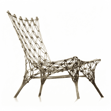An organically shaped lounge chair constructed entirely from intricately knotted cords or rope, forming both the seat, backrest, and integrated legs. It features an open-weave design. — 3D model (AI enhanced source)