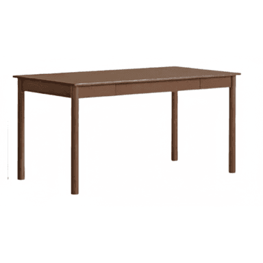 A rectangular wooden table, likely a dining table, featuring a simple and sturdy design. It has a flat tabletop, a surrounding apron, and four straight, square-profile legs. Visible cutouts on the apron suggest the presence of integrated drawers for storage. The table has a uniform brown finish. — 3D model (AI enhanced source)