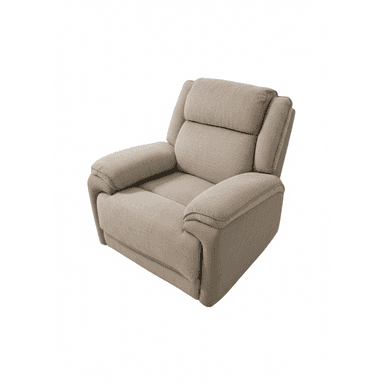 A contemporary upholstered recliner chair featuring a two-tone fabric design. The main body is covered in a light beige, textured fabric, while the lower frame and parts of the armrests are accented with a slightly darker, plain beige or light brown fabric. The chair has plush, padded cushioning on the seat, backrest, and armrests, indicating comfort and support. It appears to be in excellent, new condition. — 3D model (AI enhanced source)
