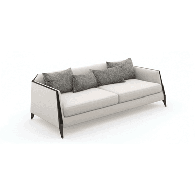 A modern three-seater sofa featuring light, neutral-colored fabric upholstery, two large seat cushions, and two back cushions. It is accented by a prominent dark, exposed frame that outlines the arms and back, extending down to form tapered legs. Four contrasting gray, textured throw pillows are included. — 3D model (AI enhanced source)