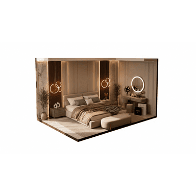 A modern upholstered platform bed featuring a low-profile design with an integrated, padded headboard. The bed is covered in a light, neutral beige or taupe fabric, providing a soft and luxurious appearance. The mattress rests directly on the platform, and the bedding includes decorative pillows with checkered patterns and a light brown throw blanket. The overall aesthetic is clean, contemporary, and luxurious, designed for a comfortable and stylish bedroom. — 3D model (AI enhanced source)