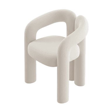 An off-white, fully upholstered accent chair featuring a distinctive sculptural and tubular design. The chair is entirely covered in a textured bouclé fabric, with thick, rounded forms defining the seat, backrest, armrests, and legs. The design is contemporary, emphasizing soft, organic curves and a monolithic appearance. — 3D model (AI enhanced source)