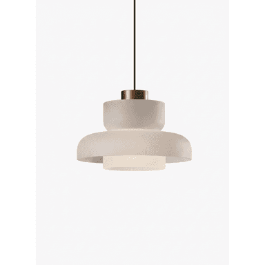 A modern pendant light featuring a layered, tiered design with frosted glass shades. The top section is connected to a dark green textile cord via a metallic, possibly copper or brass, cylindrical element. The light source is diffused by the white frosted glass, creating a soft glow. — 3D model (AI enhanced source)