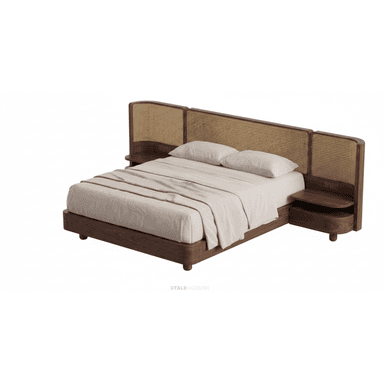 A modern platform bed featuring a dark wood frame with rounded edges and a prominent headboard constructed from multiple cane panels. The headboard design includes integrated floating nightstands on either side, which also have rounded forms and a single drawer. The bed is depicted with light-colored bedding, complementing the natural cane and dark wood. — 3D model (AI enhanced source)
