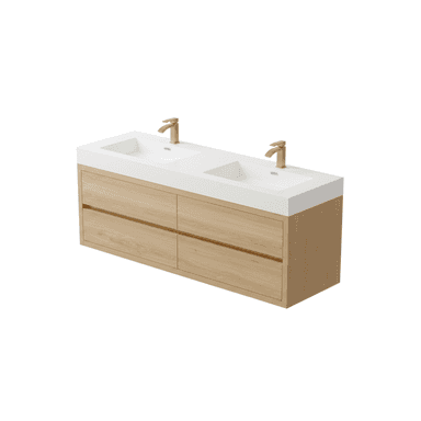 A modern wall-mounted double bathroom vanity featuring a light wood finish cabinet, an integrated white composite countertop with two rectangular sinks, and matte gold single-hole faucets. The cabinet provides storage with four pull-out drawers, each equipped with a subtle matte gold horizontal handle. — 3D model (AI enhanced source)