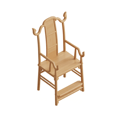 A light-toned wooden armchair designed in the traditional Chinese Guanmao Yi (Official's Hat) style, featuring a high, curved crest rail, gracefully S-curved armrests, and a plank seat with an integrated footrest. — 3D model (AI enhanced source)