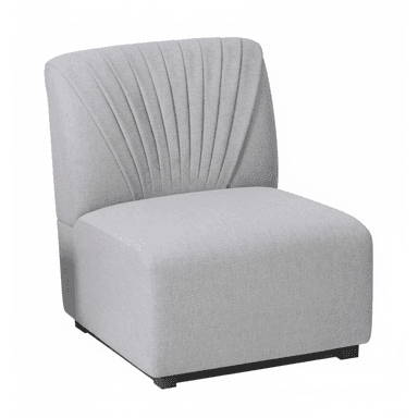 An armless accent chair featuring light gray upholstered fabric and a distinctive pleated backrest. The chair has a compact, boxy form with a low-profile silhouette, supported by a hidden base with small, dark block feet. The pleated detailing on the back fans out from the center, adding a decorative element to the otherwise minimalist design. The seat cushion is integrated and appears firm. — 3D model (AI enhanced source)