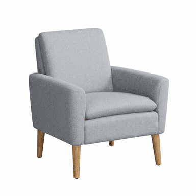 A light gray upholstered armchair featuring a clean, contemporary design with a single seat cushion, padded armrests, and four outward-splayed, tapered wooden legs. — 3D model (AI enhanced source)