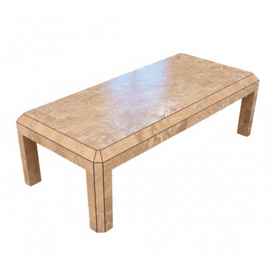 A rectangular coffee table constructed from what appears to be solid travertine or a travertine-veneered material. The design features a thick, slab-like top supported by four substantial block legs. The construction exhibits clean, angular lines with mitered joints visible at the corners of the top and where the legs meet the tabletop. The material has a distinctive light brown/beige hue with natural textural variations characteristic of travertine, lending it a monolithic and minimalist aesthetic. — 3D model (AI enhanced source)