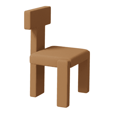 A minimalist, armless chair with a distinctive block-like construction, fully upholstered in a textured tan fabric. The seat, backrest, and legs are integrated into a single, cohesive geometric form. — 3D model (AI enhanced source)