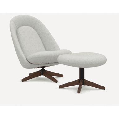 A contemporary upholstered swivel lounge chair with a matching ottoman, both featuring a light, textured fabric and dark wooden star bases. — 3D model (AI enhanced source)