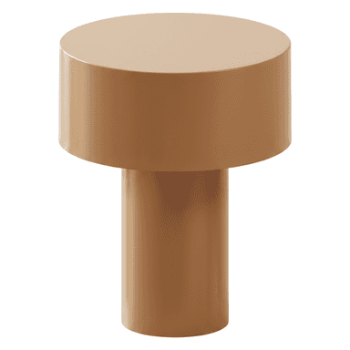 A minimalist cylindrical pedestal table featuring a broad, flat top surface supported by a narrower, straight cylindrical base. The entire piece is rendered in a uniform, matte tan color, suggesting a monochromatic design with a lacquered finish. Its simple, geometric form gives it a modern and sculptural aesthetic. — 3D model (AI enhanced source)