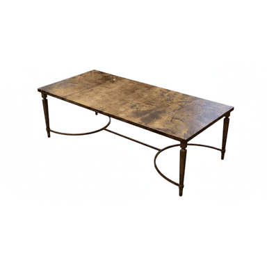 A rectangular coffee table featuring a distressed, faux marble-like top and a metal base with tapered legs and arched stretchers. — 3D model (AI enhanced source)
