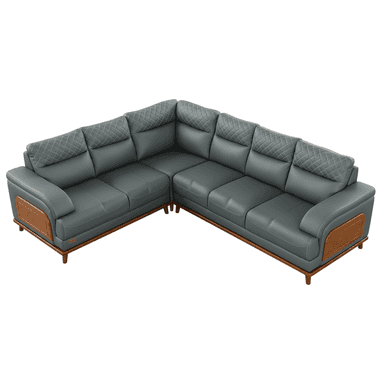 An L-shaped sectional sofa upholstered in dark gray leather, featuring distinct quilted headrests with diamond stitching. The sofa incorporates visible wooden panels on the outer sides of the armrests and a wooden base frame supported by tapered wooden legs. It has a modern aesthetic with clean lines and plush cushioning. — 3D model (AI enhanced source)