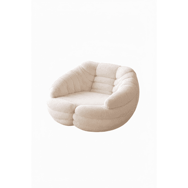 A plush, cream-colored armchair with a rounded, organic form. The upholstery features a textured boucle fabric and is channel-tufted on the backrest and arms, creating a soft, inviting appearance. The seat is deep and generously padded, and the overall design suggests a contemporary or retro-inspired aesthetic. — 3D model (AI enhanced source)