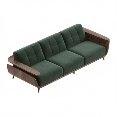 A three-seater sofa featuring a distinctive mid-century modern design. It has a visible wooden frame, likely walnut, that wraps around the back and forms open-sided armrests. The upholstery is a dark green velvet or plush fabric, with three separate seat cushions and a continuous backrest accented with channel tufting. The sofa stands on four tapered wooden legs. — 3D model (AI enhanced source)
