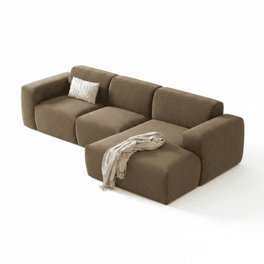 A contemporary modular sectional sofa featuring a chaise lounge, upholstered in a textured brown fabric. The design emphasizes rounded edges and a low profile, offering a comfortable and adaptable seating solution. — 3D model (AI enhanced source)