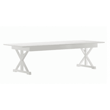 A long, rectangular dining table finished in matte white, featuring a sturdy tabletop and two distinct trestle bases. Each base is constructed with X-shaped supports connected by a central horizontal beam at the top, and rests on two parallel feet. The design is simple, robust, and evokes a modern farmhouse or rustic aesthetic. — 3D model (AI enhanced source)