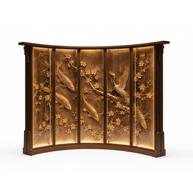 A curved, dark wood cabinet featuring five vertical panels, each intricately detailed with gold-toned relief carvings of Asian-inspired motifs including koi fish, a crane, and cherry blossoms. The panels are backlit, illuminating the dimensional artwork and creating a warm glow. The cabinet has a solid top surface and a sturdy base. — 3D model (AI enhanced source)