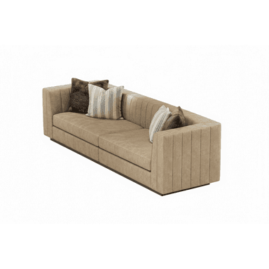 A contemporary sofa featuring a low-profile design and upholstered in a tan or beige faux leather. The track arms and outer backrest are detailed with vertical channel tufting, providing a structured, modern aesthetic. It includes two loose seat cushions and two back cushions, along with four decorative throw pillows in varying patterns and textures. The sofa rests on a recessed, dark-colored base, giving it a floating appearance. — 3D model (AI enhanced source)