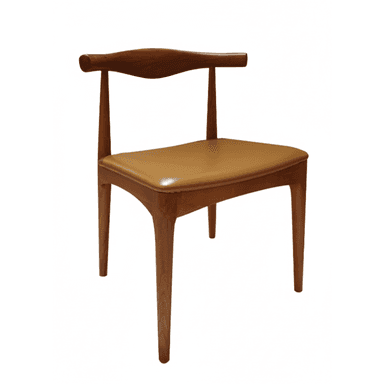 A Danish Modern style dining chair featuring a wooden frame, a distinctive horn-shaped backrest with integrated armrests, and a tan upholstered seat. — 3D model (AI enhanced source)