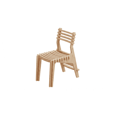 A modern wooden chair with a slatted seat, back, and legs. The design is characterized by its layered construction, giving it a modular appearance. The backrest features horizontal slats, while the seat is composed of parallel curved slats. The legs are straight and perpendicular to the seat. — 3D model (AI enhanced source)