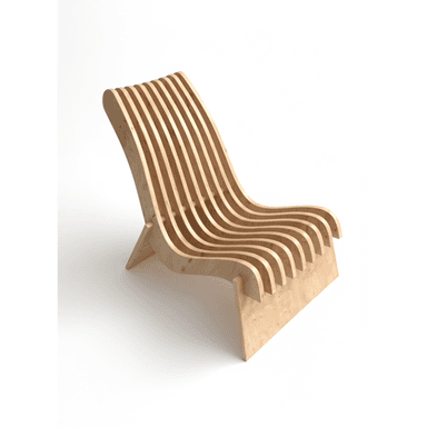 A modern chaise lounge constructed from multiple curved plywood slats, forming a wave-like ergonomic seating surface and backrest. It features a natural light wood finish and a minimalist base. — 3D model (AI enhanced source)