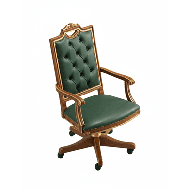 A regal and ornate desk chair featuring a high, tufted backrest and seat upholstered in deep green faux leather or leather. The robust wooden frame is adorned with intricate gilded carvings, particularly noticeable on the top rail of the backrest and along the scrolled armrests. It is supported by a five-star wooden swivel base equipped with black casters, providing mobility. Nailhead trim accents the edges of the upholstery. — 3D model (AI enhanced source)