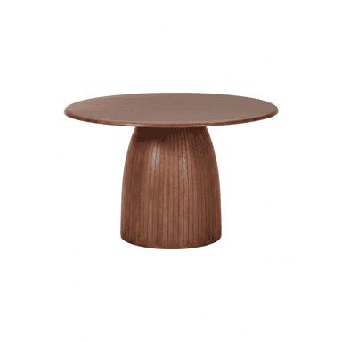 A round dining table constructed entirely from wood, featuring a smooth circular tabletop and a distinctive, vertically fluted conical pedestal base. The wood displays a rich, medium-brown finish with visible grain patterns throughout. — 3D model (AI enhanced source)
