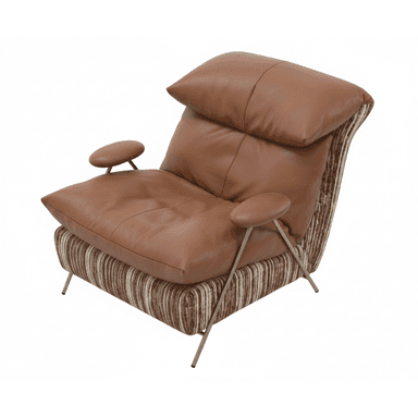A contemporary lounge chair featuring a distinctive two-material upholstery design. The plush, tufted seat and back cushions are upholstered in smooth brown leather, providing comfort and a sophisticated look. The main body and frame are covered in a textured, multi-toned striped fabric, creating a contrasting visual interest. The chair is supported by sleek, angled metal legs and has small, rounded, padded armrests. — 3D model (AI enhanced source)