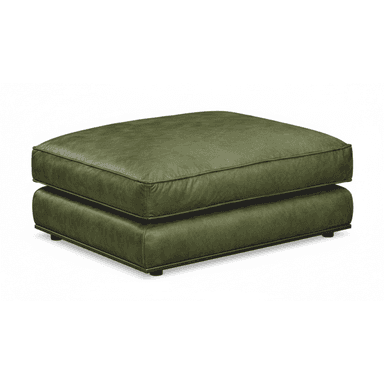 A rectangular, two-tiered ottoman upholstered in olive-green leather, featuring piped edges and supported by a slim, recessed black metal base with small feet. — 3D model (AI enhanced source)