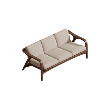 A three-seater sofa featuring a distinctive exposed wooden frame, light-colored fabric cushions, and a mid-century modern aesthetic. The frame has organic curves, particularly in the armrests and base structure. — 3D model (AI enhanced source)