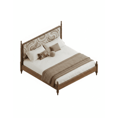 A modern wooden bed frame featuring an upholstered headboard with a distinctive curvilinear pattern in neutral tones and four turned wooden posts. — 3D model (AI enhanced source)