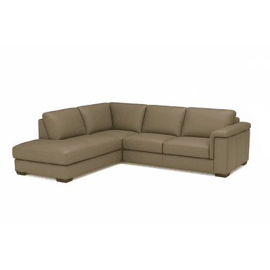An L-shaped contemporary sectional sofa upholstered in light taupe leather, featuring an integrated chaise lounge, padded track arms, and dark block feet. — 3D model (AI enhanced source)