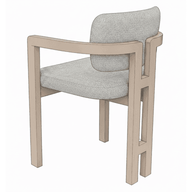 A contemporary armchair featuring a light-colored wooden frame with a distinctive H-shaped design on the rear legs. It has a padded seat cushion and a curved backrest cushion, both upholstered in a light grey, textured fabric. The arms are integrated into the frame, providing support and a clean aesthetic. — 3D model (AI enhanced source)