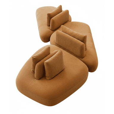 A modular sofa composed of organically shaped seating units arranged in an S-curve configuration. Each unit features rounded edges and a plush, upholstered finish. Several back cushions, also upholstered in the same material, are attached to the seating elements. The overall design is modern and emphasizes comfort and fluid lines. — 3D model (AI enhanced source)
