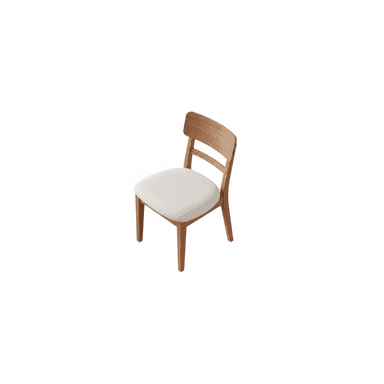 A modern dining chair constructed from light-toned wood with an upholstered seat. The chair features a subtly curved backrest composed of two horizontal slats and a solid top rail, supported by a sturdy wooden frame. The seat is a light, off-white textured fabric cushion, and the legs are straight with a slight taper. — 3D model (AI enhanced source)