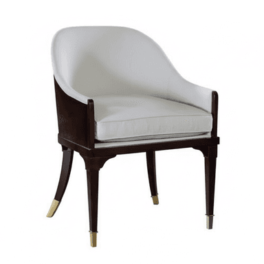 An elegant barrel-back armchair featuring a dark polished wood frame and light-colored textured upholstery. The chair has a curved back and integrated armrests, providing a cohesive and supportive form. The seat and back are upholstered with removable cushions, detailed with piping. The four tapered legs are made of dark wood, with the front two legs adorned with cylindrical brass sabots and the rear legs featuring curved brass accents. — 3D model (AI enhanced source)